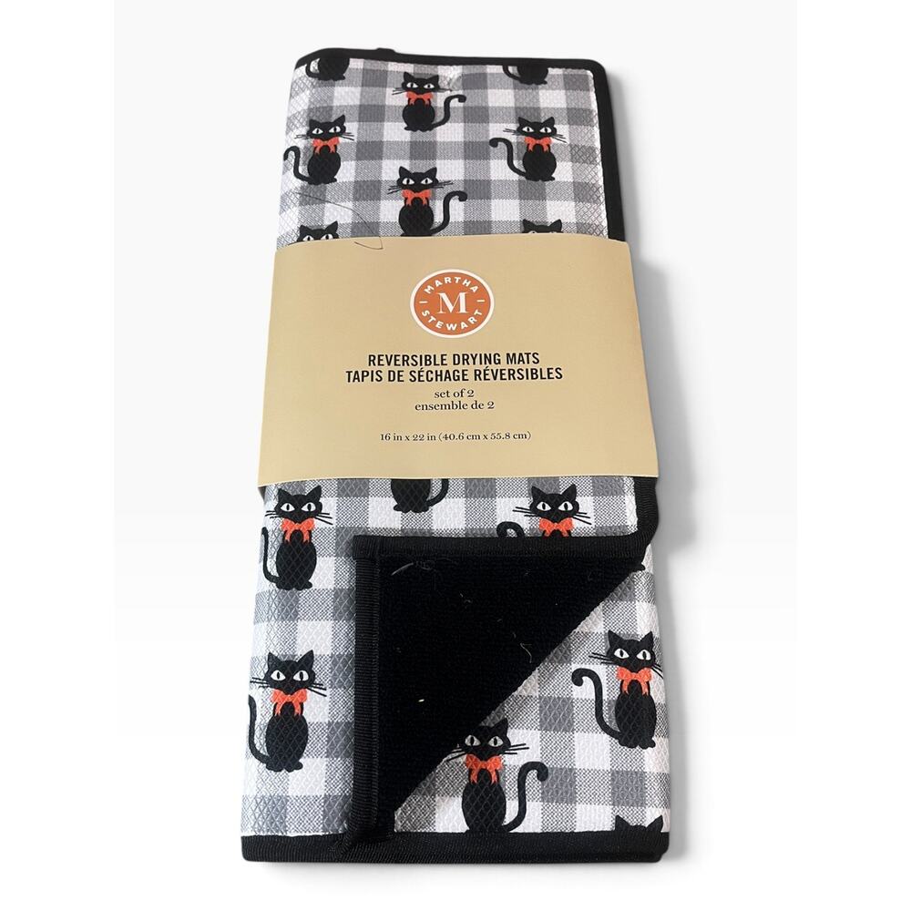 Martha Stewart Set of 2 Black Cat Plaid Reversible Drying Mats 16" x 22" NWT